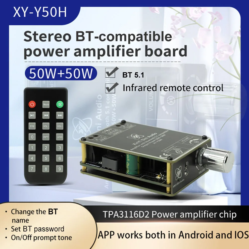XY-Y50H HIFI 디지털 앰프 모듈, 블루투스 호환 5.1 TPA3116 오디오 앰프 모듈, 리모컨 포함, 50W * 2