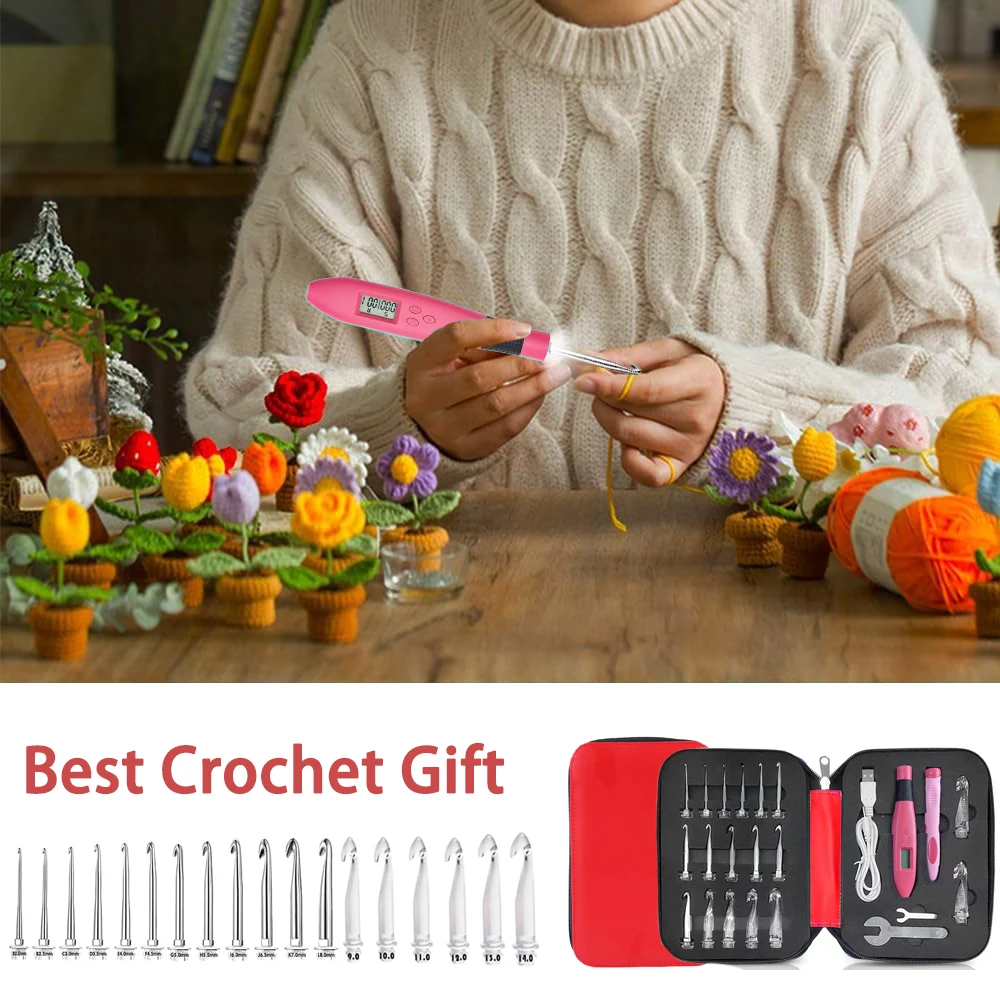 18pcs Lighted Crochet Hook Ergonomic Knitting Needle Set Interchangeable Metal Heads DIY Tool for Beginners