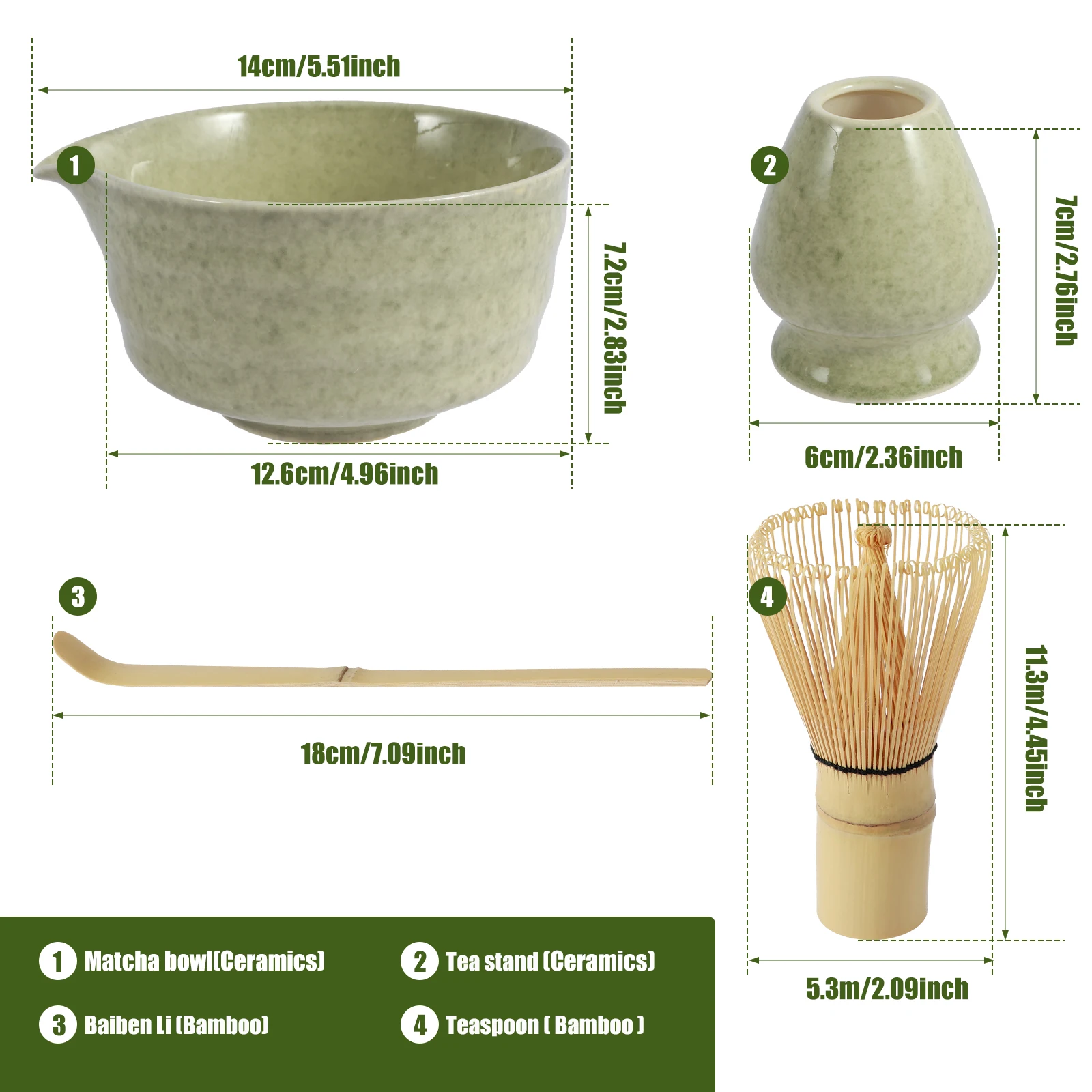Kit Cérémonie Matcha Complet 7 Pièces - Fouet (bambou Ou Résine), Bol, Cuillère, Tamis... - Coffret Cadeau - Vert