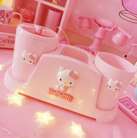 Kawaii Sanrio Hello Kitty Toothbrush Holder Cartoon Plastic Toothbrush Holder Mouthwash Cup Toothpaste Tube Storage Rack