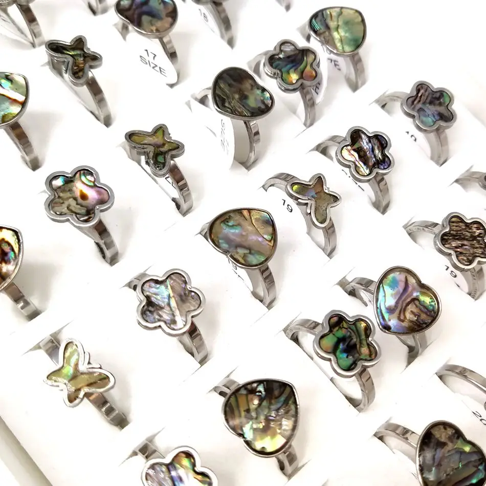 Wholesale 20Pcs /50pcs Flower Heart Charm Shell Mix Stainless Steel Rings Women Party Ring Wedding Jewelry 5