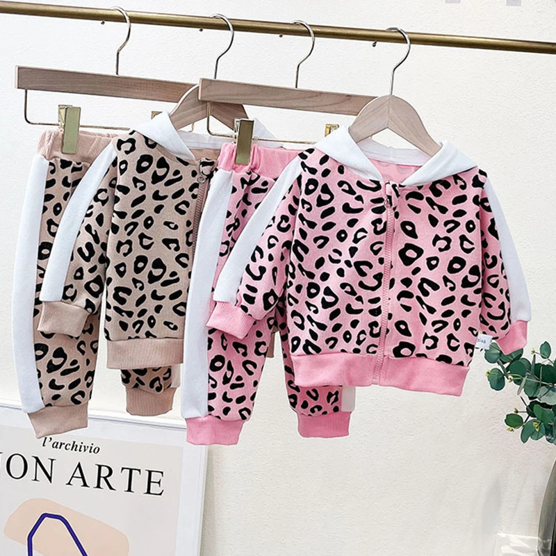 

0-3Years Spring Autumn Toddler Kids Baby Girls Clothes Tracksuit Sets Ruffles Long Sleeve Leopard Sweatshirts Long Pants Outfits