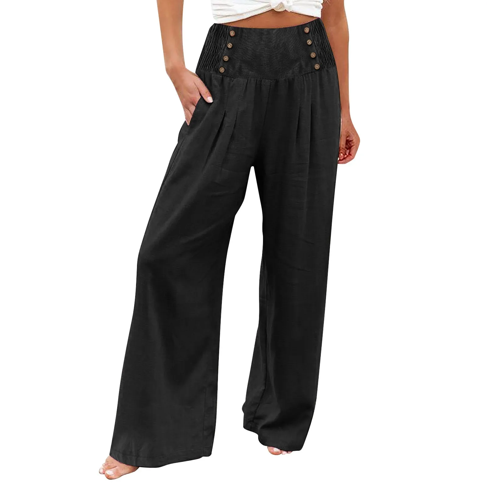 

Summer Wide Leg Trousers Women Loose Palazzo Solid Color Pants With Pocket Casual High Waist Elastic Waist Button Trousers