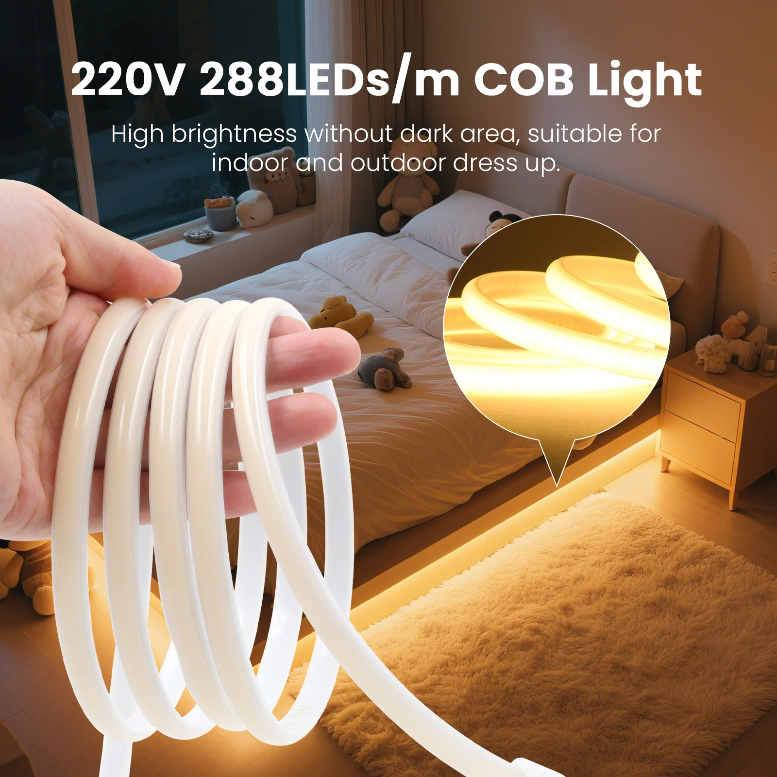 COB LED 스트립 220V 방수 고휘도 288LED/m LED 스트립 (스위치/디머 및 플러그 포함) 가정 정원 장 플렉시블 테이프