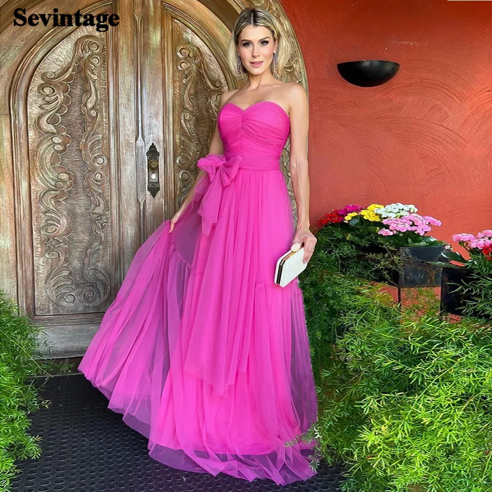 

Sevintage Fuchsia Tiered Tulle Long Prom Dresses Pleats Bow Evening Party Gowns Formal Evening Dress Princess Wedding Party Gown