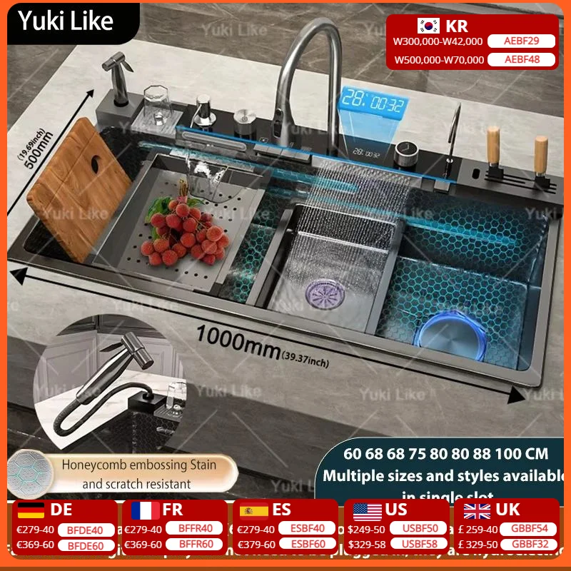 สแตนเลสน้ําตกอ่างล้างจานใหม่นูนขนาดใหญ่พิเศษเดี่ยวโมเดิร์นดิจิตอลจอแสดงผลอ่างล้างจาน 1