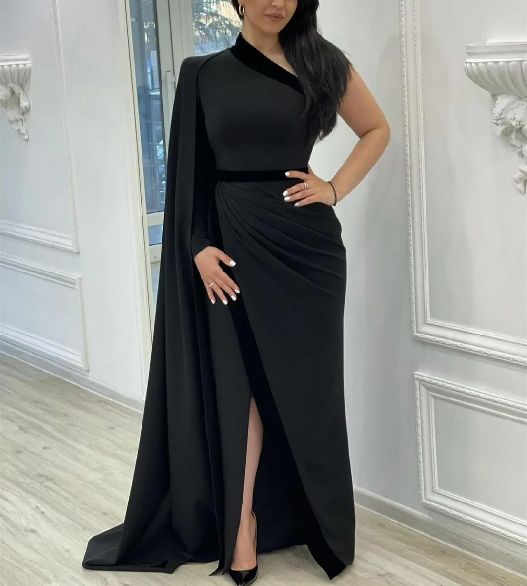 

One Shoulder Mermaid Muslim Evening Dresses with Slit Bodycon Zipper Back Pleated Satin Robe De Mariée Party Gowns For Women
