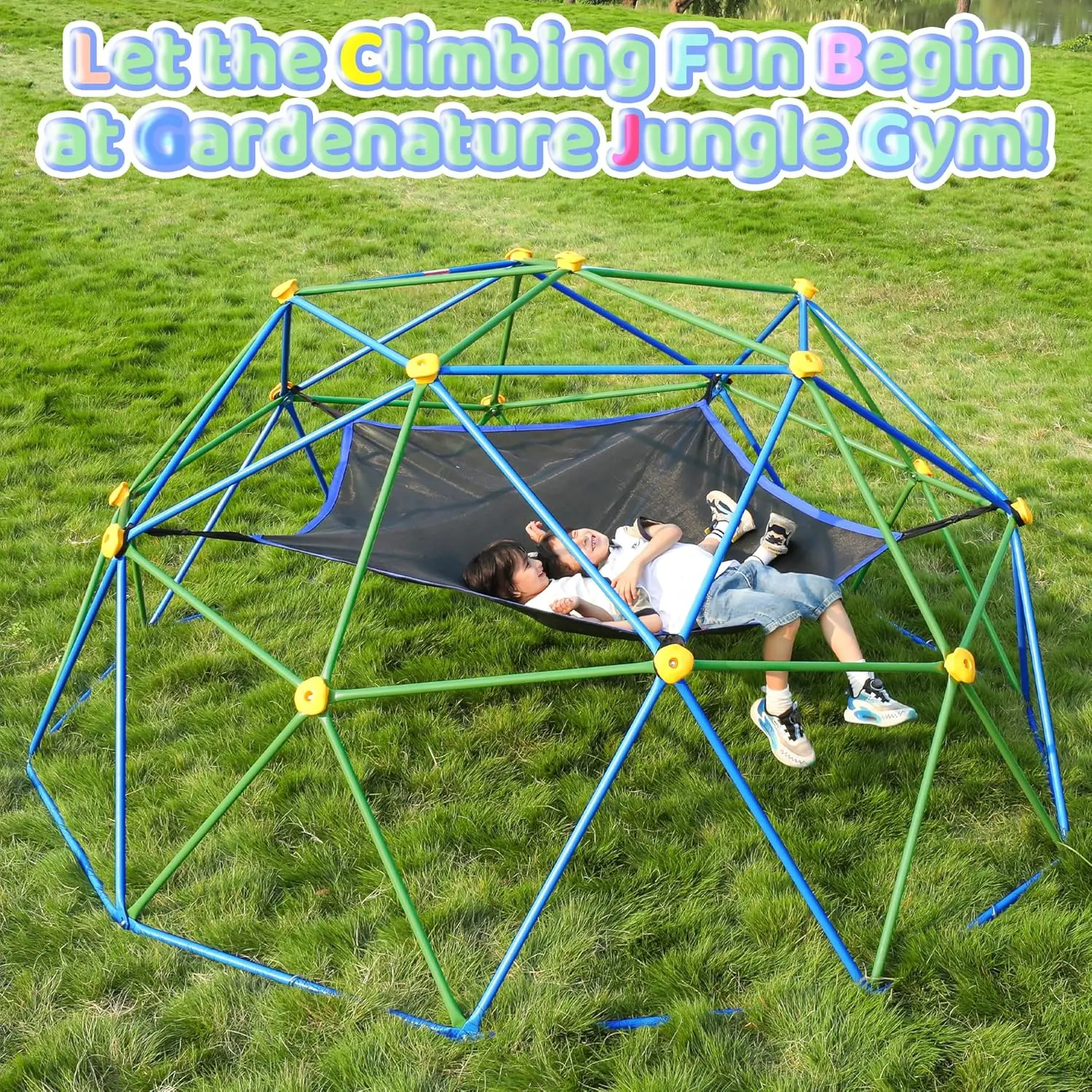 Gardenature 10FT Climbing Dome with Hammock, Outdoor Jungle Gym for Kids, Geometric Dome Climber Supporting 880 Lbs Anti-Rust