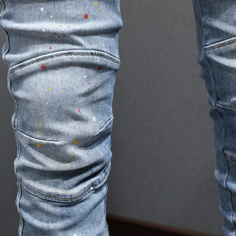 Street Fashion Men Jeans Retro Light Blue Elastic Stretch Skinny Fit Patched Biker Jeans Painted Designer Hip Hop Pants Hombre