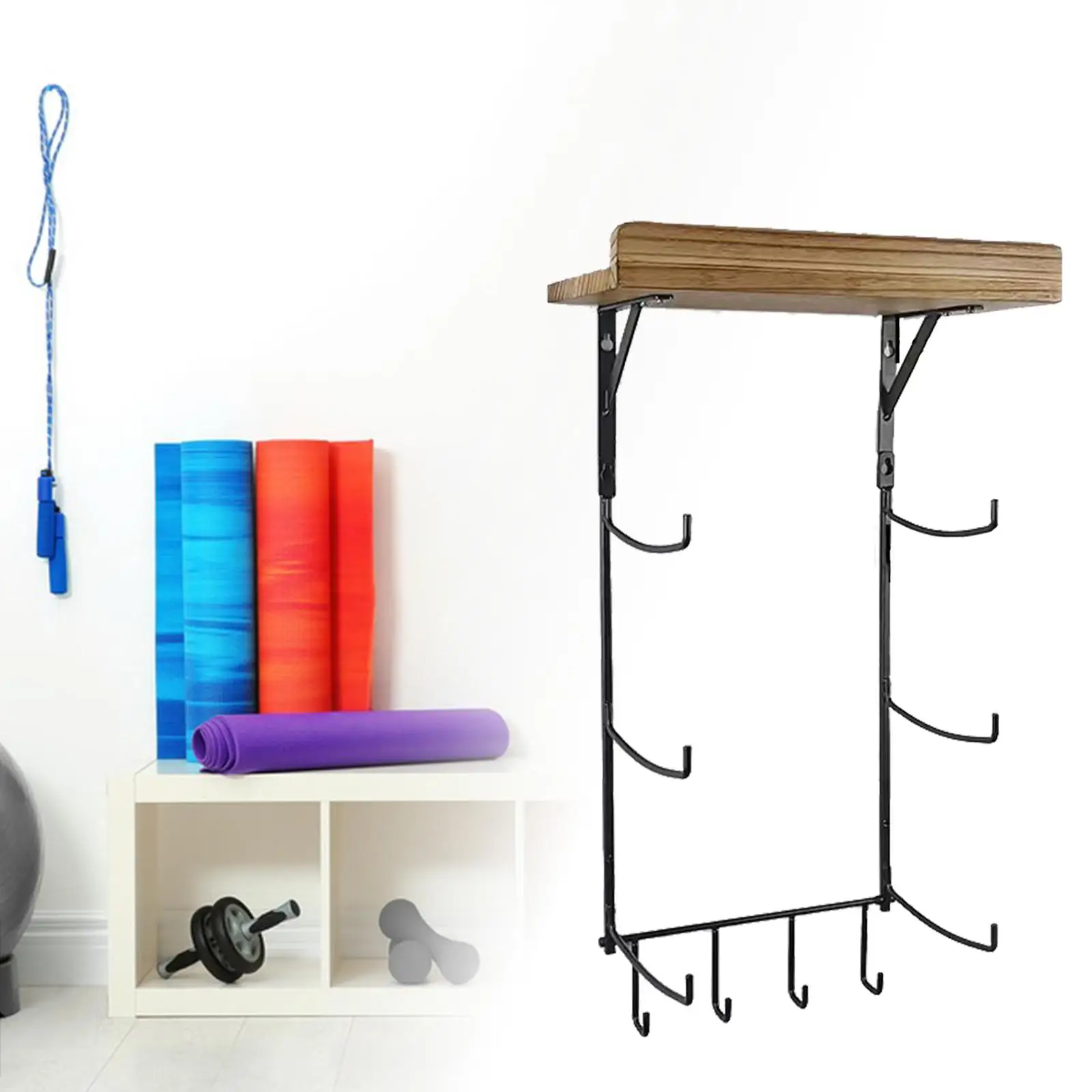 Yoga Mat Holder 4 Hooks Foam Roller and Block Wall Holder Storage Shelf