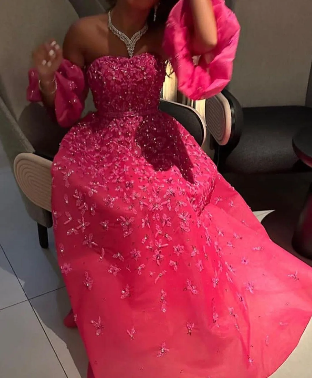 

Sapmae Off-the-shoulder A-line Beaded Sequined Embroidery Pink Court Train Elegant Prom Formal Evenning Party Dress For Women