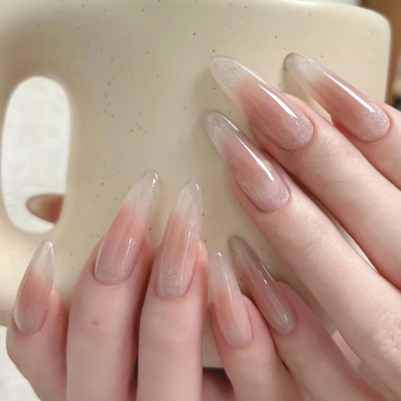 French False Nails Press on Nails Full Cover Rhinestone Butterfly Design Cat Eye Bow Almond Wearable Fake Nail Art 24Pcs