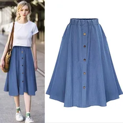 Women Vintage Cowboy High Elastic Waist Button A-Line Pleated Knee Length Blue Denim Skirts HFDZ-650