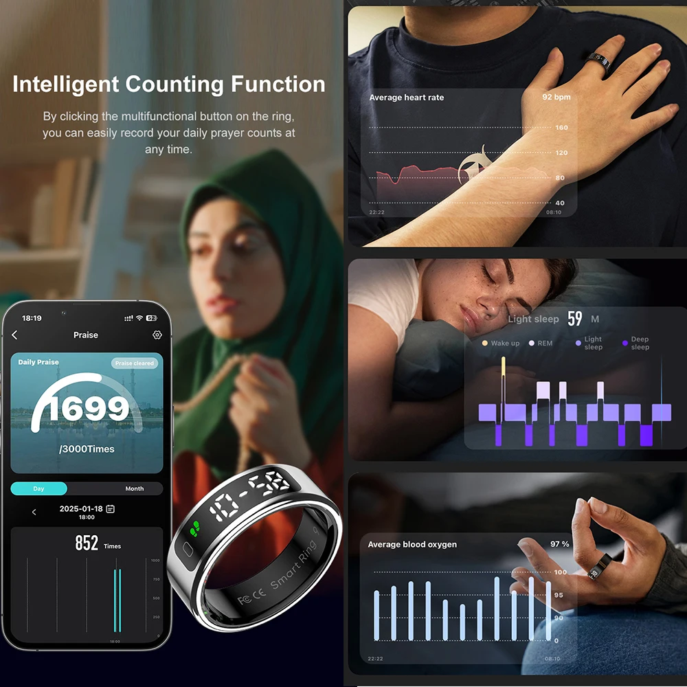 Smart Ring LED Display Screen Heart Rate Blood Oxygen Monitor Smartring Men Women Waterproof Multi Sports Modes Ring For Xiaomi