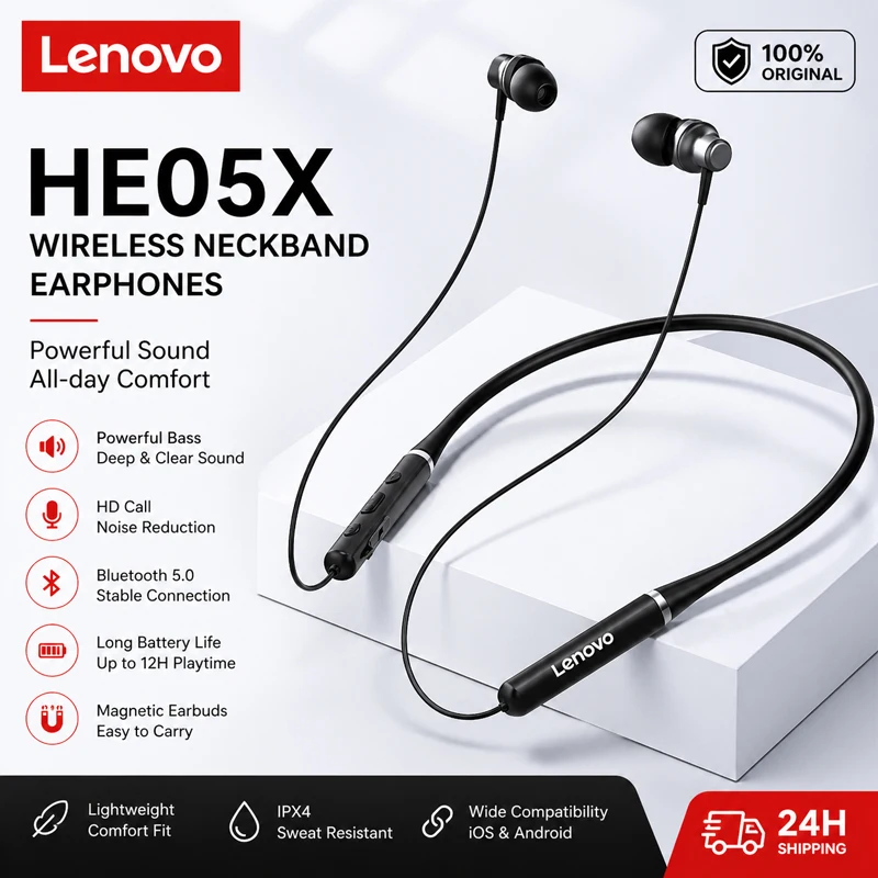 Lenovo he05x auriculares bluetooth de cuello impermeables hifi_voghion.com