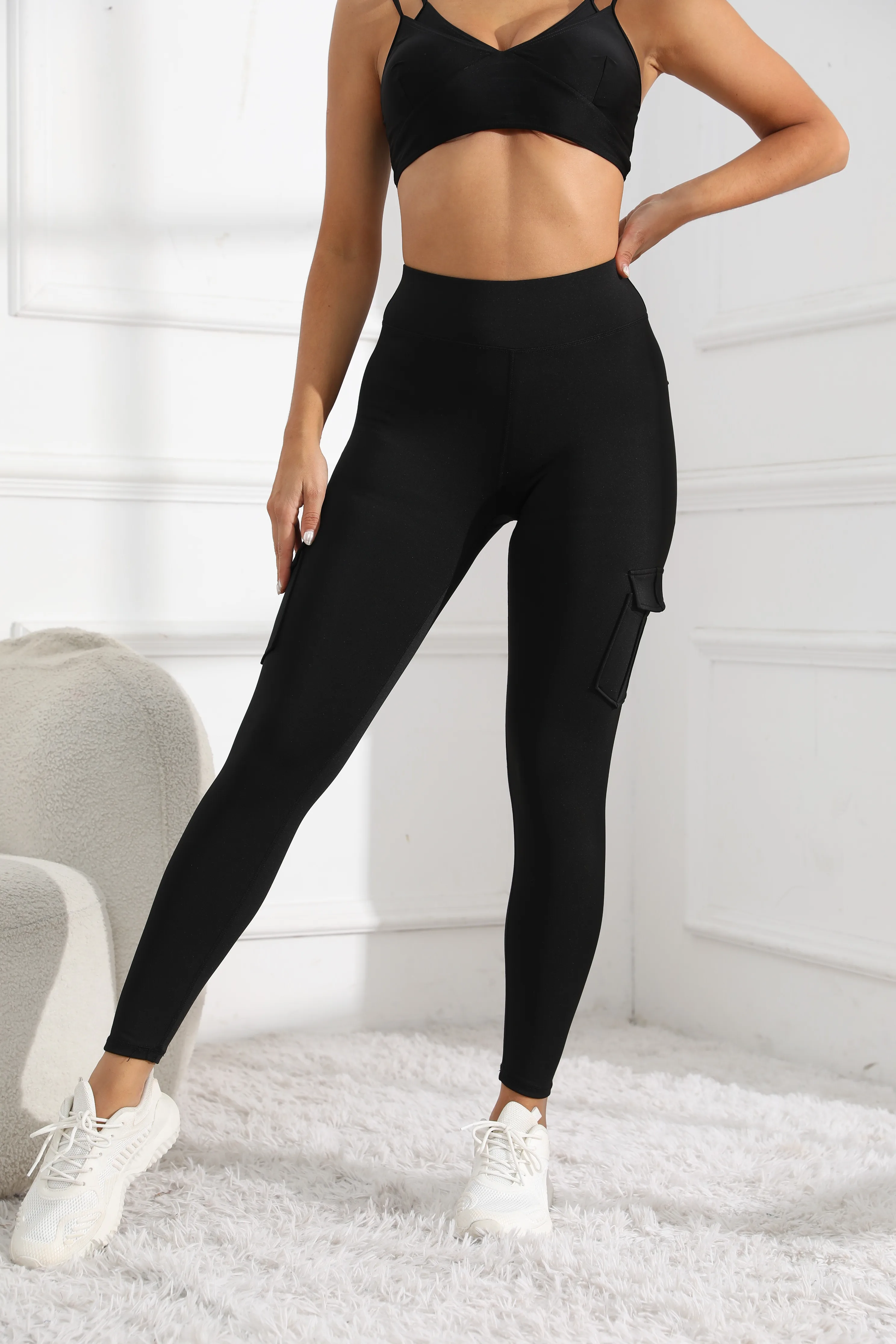 High waisted yoga leggings with 4 button pockets, multi piece set for hip lifting, abdominal tightening, sports running, workwea
