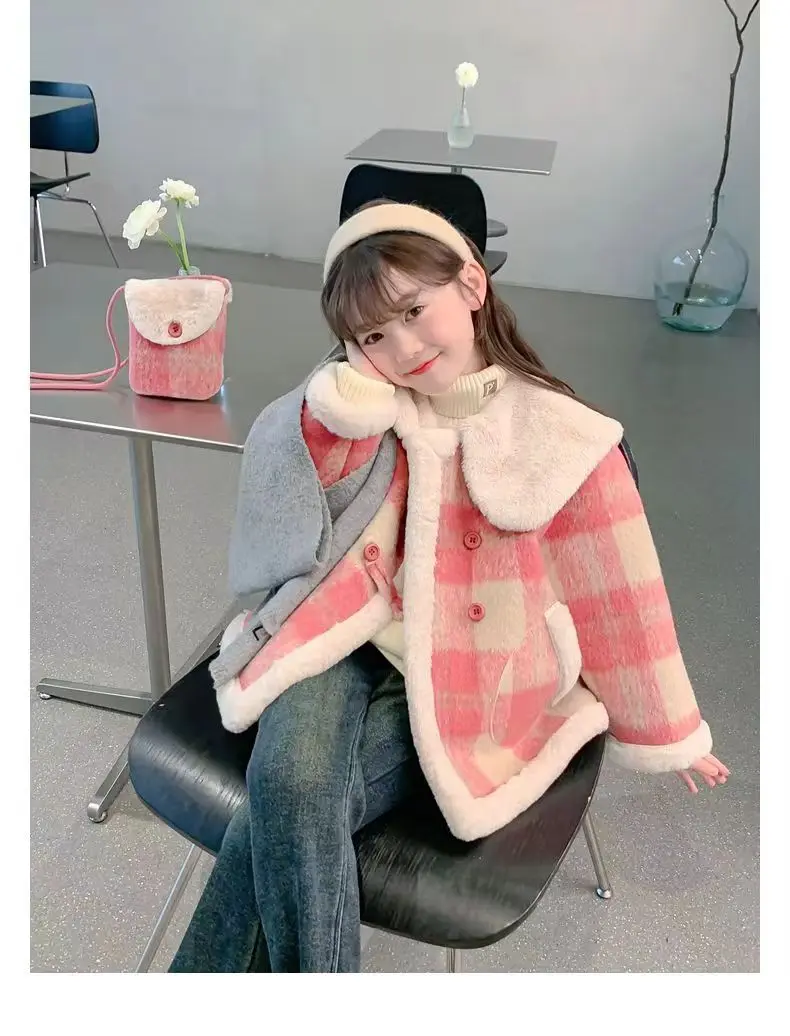 

Teenage Girls Blazers Autumn Winter Thick Warm Casual Rosy Plaid Jacket for Kids Wool Blends Fashion Children Coats 5-14T