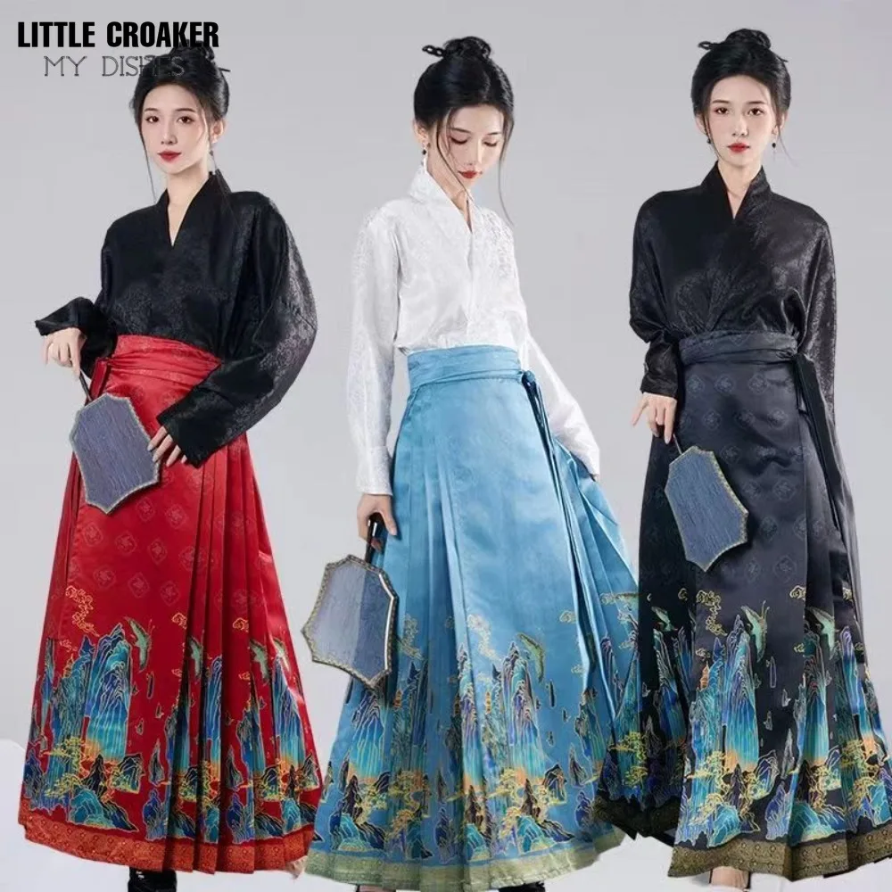 Vintage Daily Hanfu Horse Face Skirt Women Han Bok Chinese Traditional Hanfu Shirt Red Blue Black Pleats Skirt Mamianqun