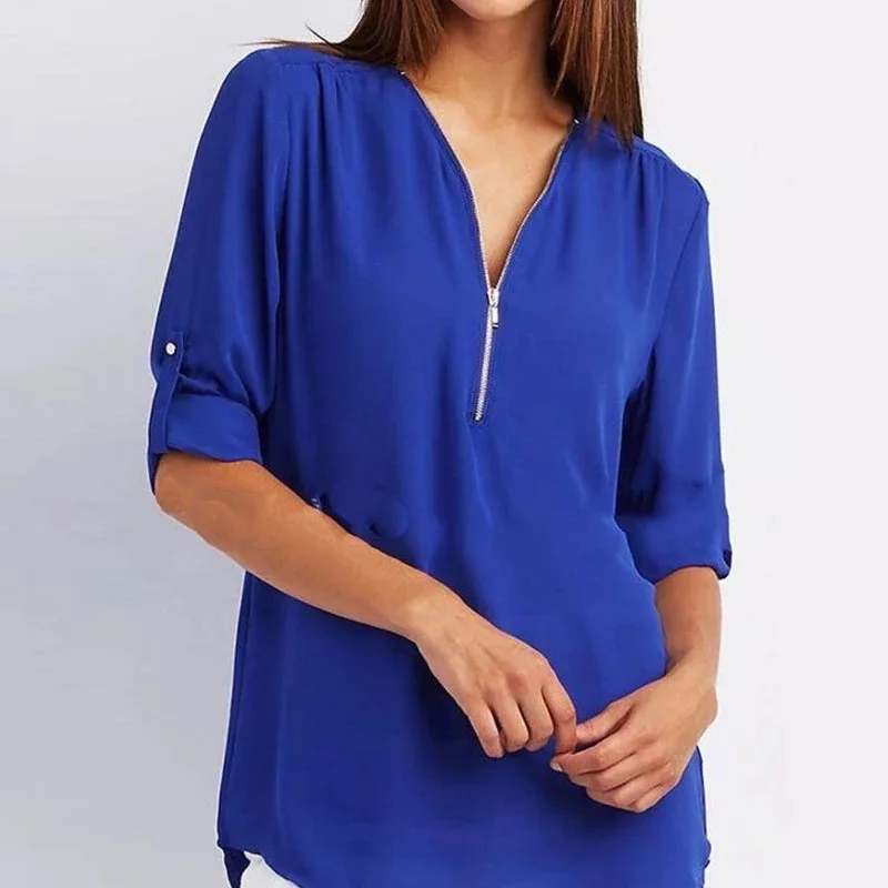 Women's Long Sleeve Chiffon Blouse V-neck Top Zipper Casual Loose Solid Casual Clothes 2025 New 25811