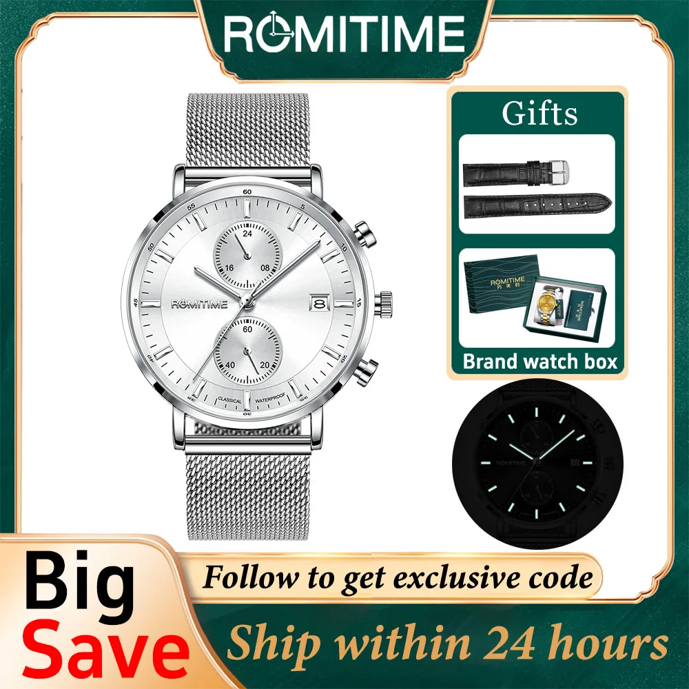 

ROMITIME Luxury Brand Mens Watch Stainless Steel Strap Chronograph Quartz Watch Waterproof Luminous Original Top Watches For Men