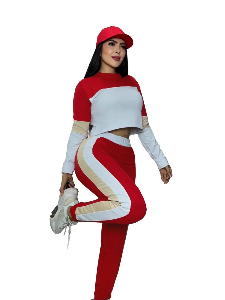 Wmstar Two Piece Set Women Wholesale European American Fashion Color Blocking Long Sleeved Pullover Sporty Casual Trousers