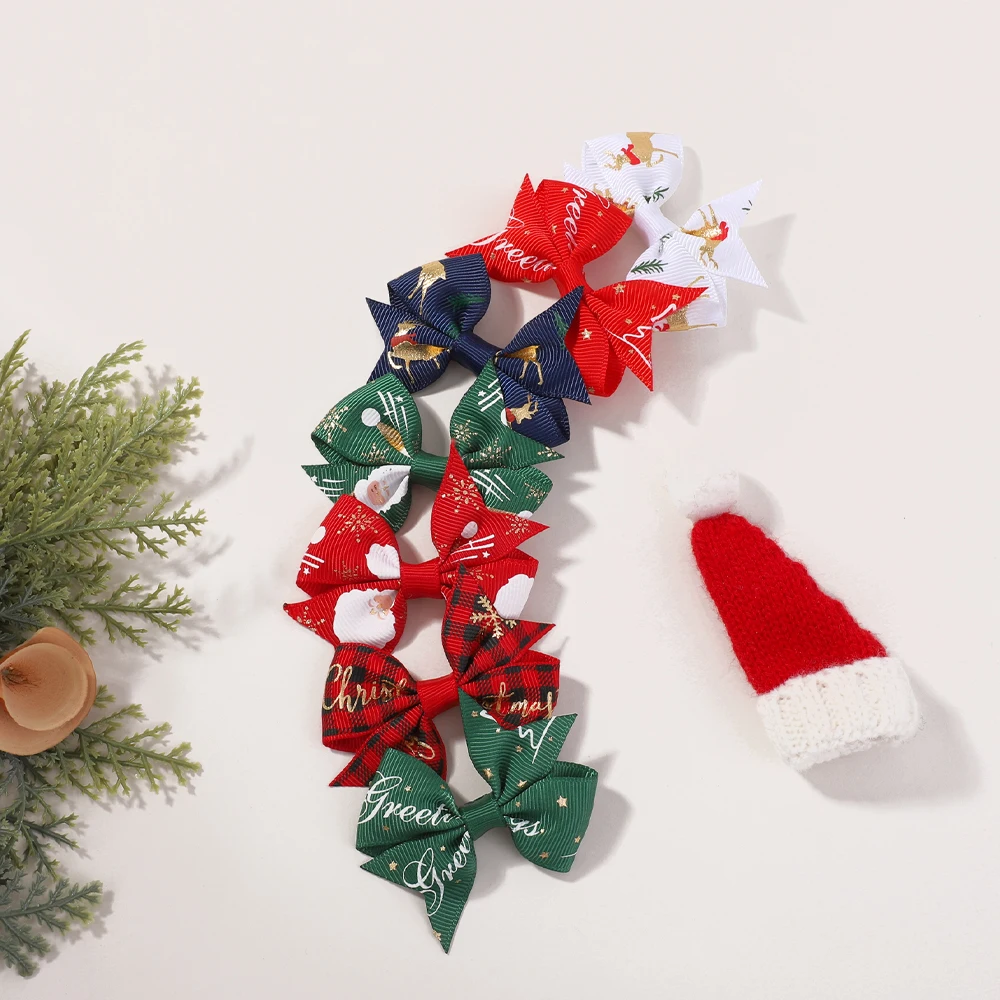10/20pcs 소녀 크리스마스 헤어 클립 세트 눈송이 인쇄 Grosgrain 리본 활 머리핀 휴일 헤어 액세서리 어린이를위한