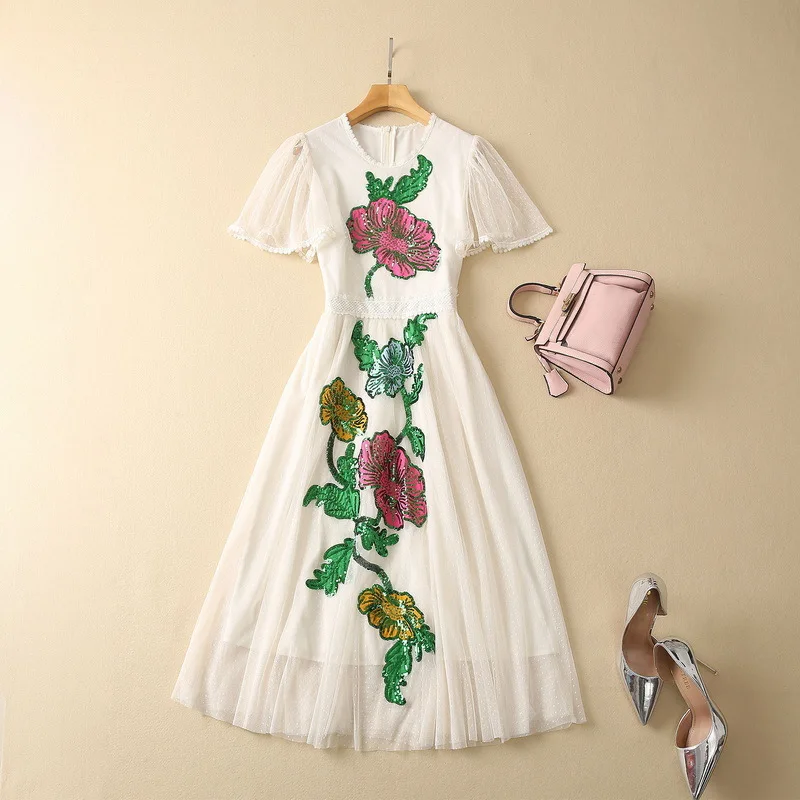 

European and American women's clothes 2023 spring new Lotus sleeve Floral heavy industry sequins Fashion pleated dress XXL