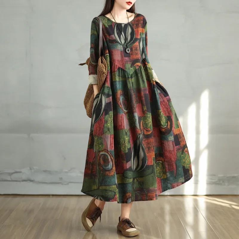 الرجعية القطن الكتان طباعة جولة الرقبة المرأة فضفاضة التخسيس العصرية فستان طويل الأكمام طول الركبة فستان قطعة واحدة