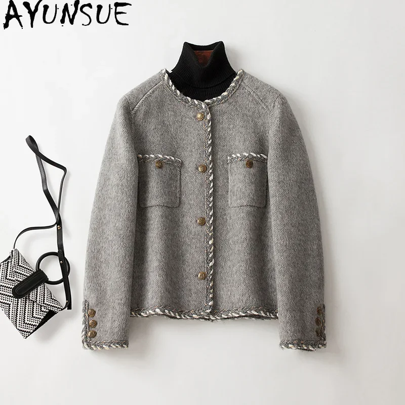 

AYUNSUE New 10% Alpaca 80% Wool Coats for Women 2023 Fall Winter Chic Short Woolen Jacket Round Neck Single-breasted Outerwears