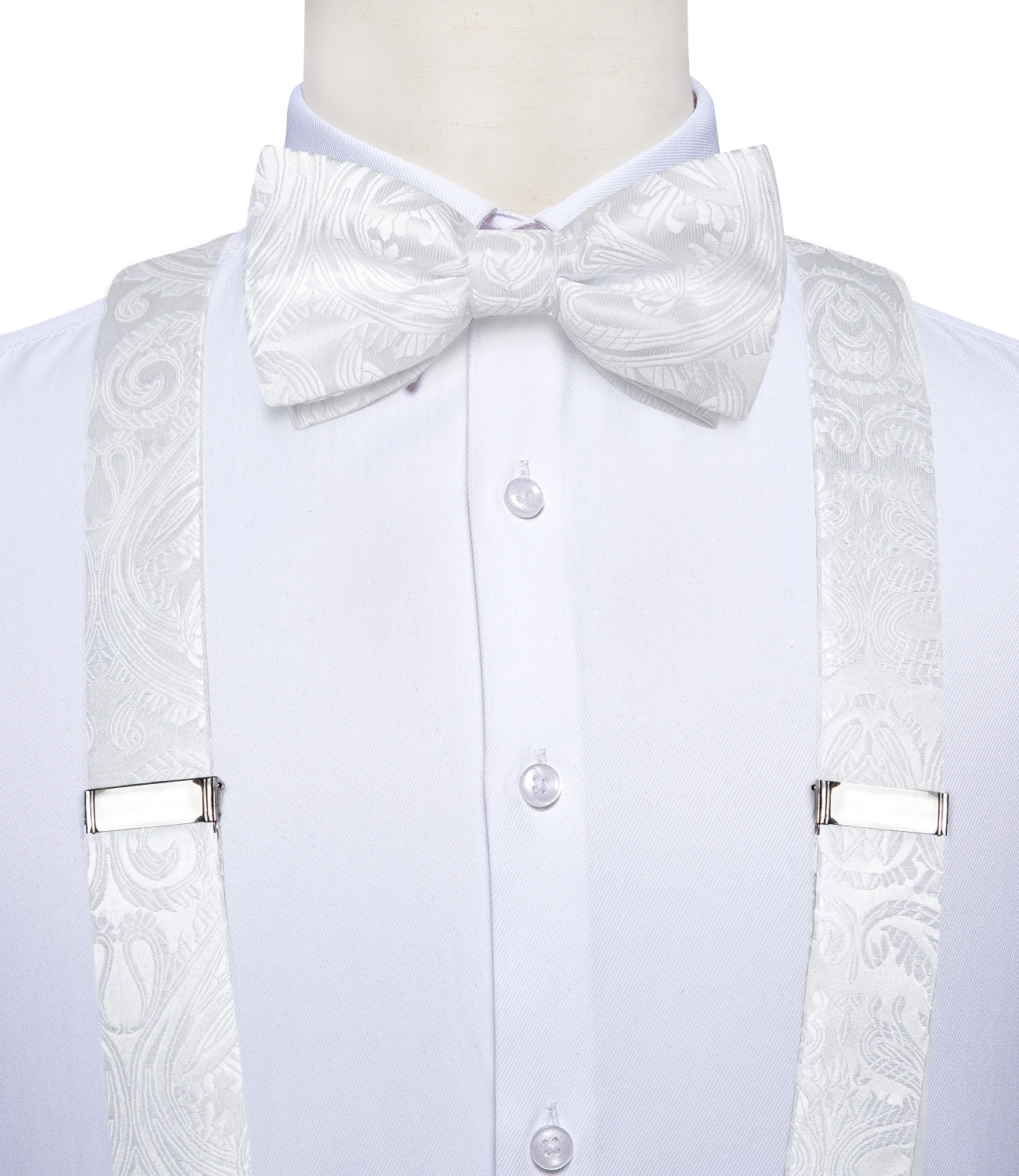 Luxury White Men's Suspenders Adjustable 6 Clips Braces DiBanGu Leather Metal Pre-Tied Bow Tie Brooch Pocket Square Set
