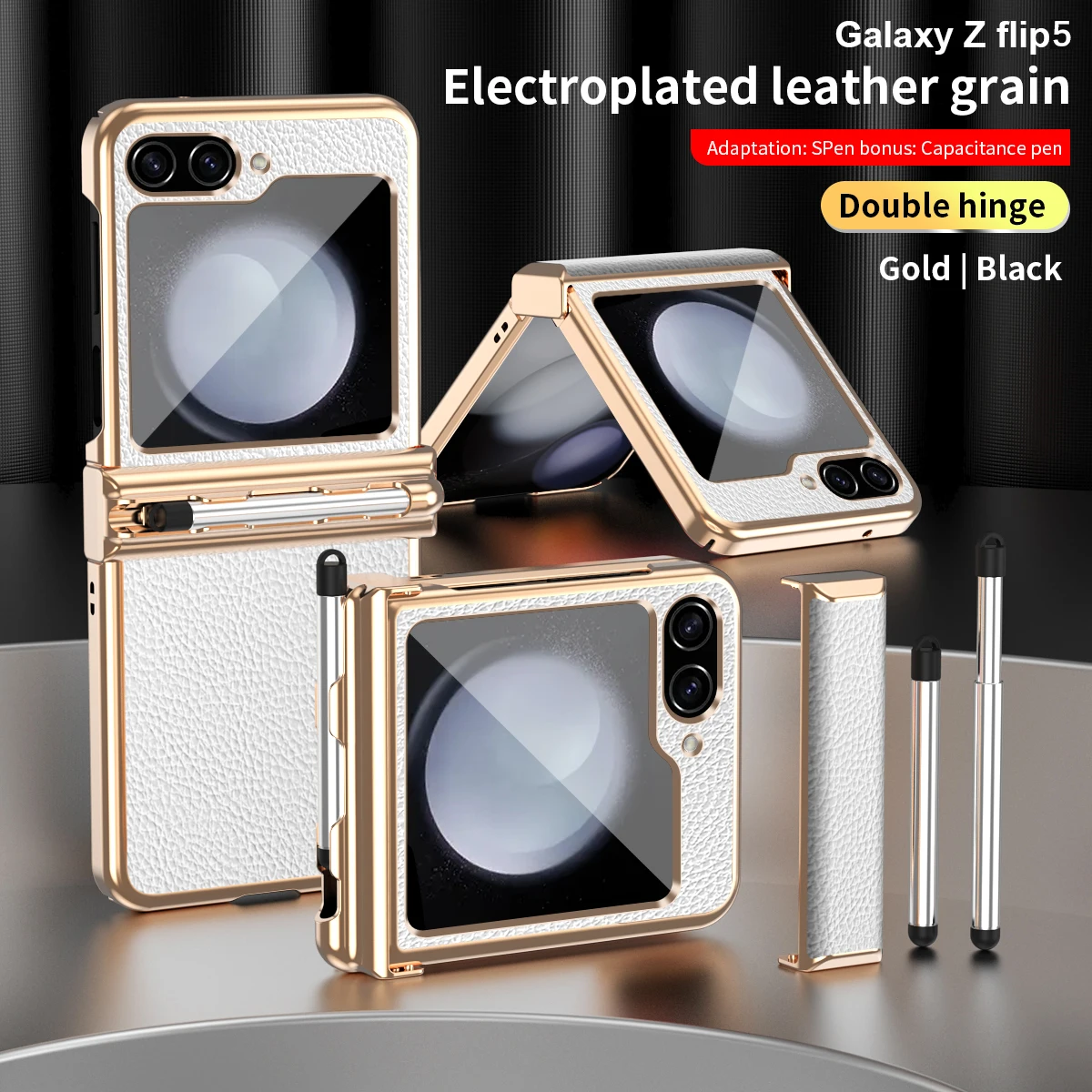 

Luxury PU Leather Hard PC Electroplate Frame 2 Hinge Protection Cover For Samsung Galaxy Z Flip 5 4 3 Case with Touch Pen