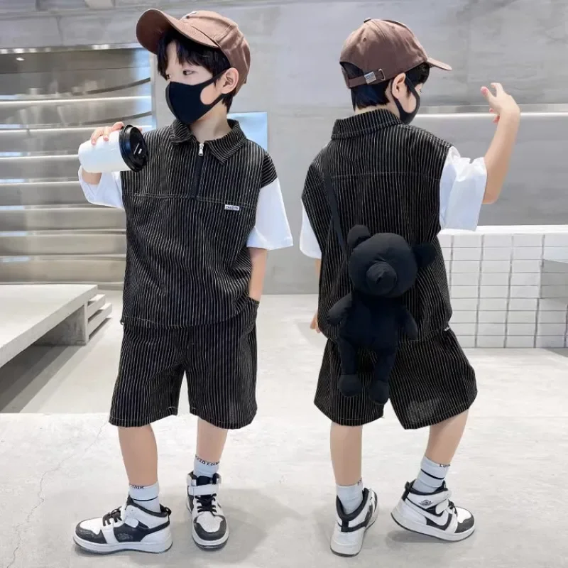 Children's Thin Striped Patchwork Boy Summer Suit New Sports and Leisure Thin and Handsome Summer Style for Big Boys