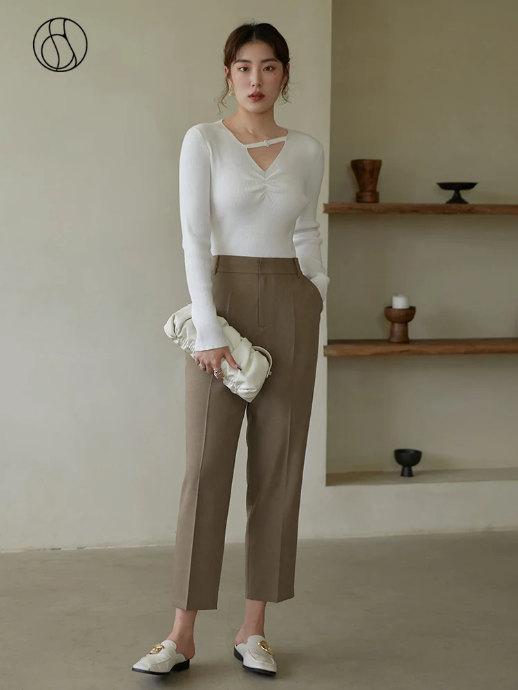 DUSHU Woman Pants Office Ladies All-match Straight-leg Pants Autumn New Slim Casual Pants Solid Cropped Trousers Women Pants dushu special ink printed nine point casual pants for women new summer loose wide leg elastic waist trousers female 24ds82053