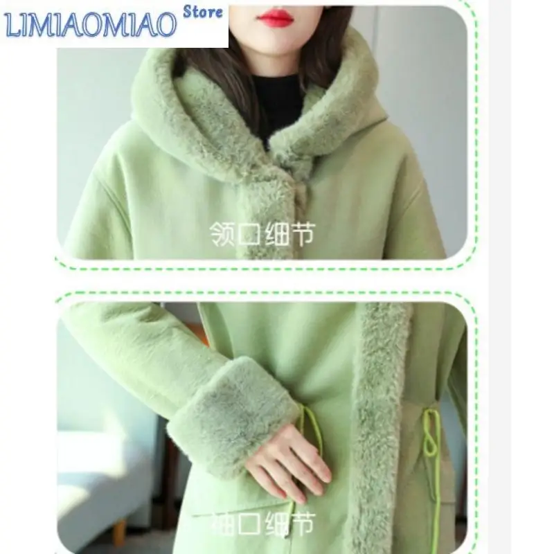 New Faux Fur Coat Lamb Wool Cotton Coat Women's Long Fashion Winter Coat Velvet Thick Woolen Parka Trend Green High Quality