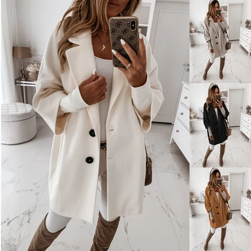 

New Autumn/winter Seven-quarter Sleeve Button-down Lapel Pocket Woolen Coat Woman