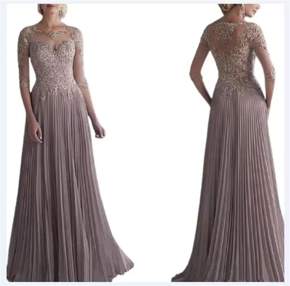 Mother Bride Dresses Chiffon Pleated Lace Applique A Line Mother Of The Groom Dress With 1/2 Sleeves Bride Long Wedding Gowns
