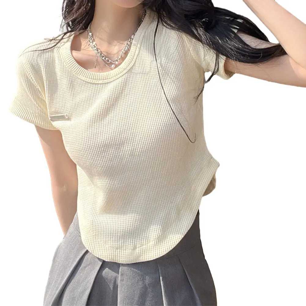 

Right-shoulder T-shirt T-shirt Retro Sexy Simple Street Sweet Y2K Slim-fitting Short Hot Girl Top Waffle Fabric