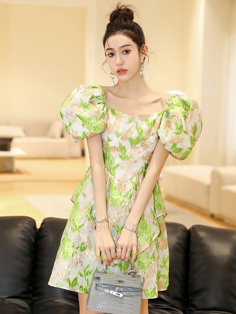 

Luxury Jacquard Women Dress Green Temperament Puff Sleeve Princess Dresses Summer Retro Floral Banquet Party Short Vestido