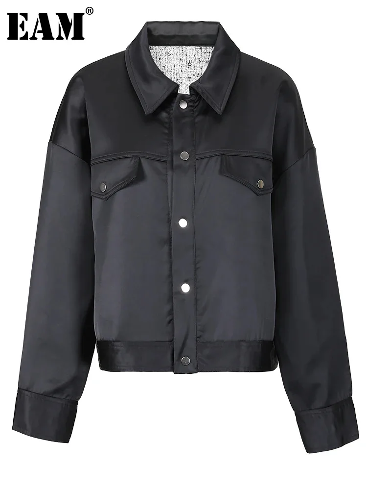 

[EAM] Loose Fit Black Both Side Wear Big Size Jacket New Lapel Long Sleeve Women Coat Fashion Tide Spring Autumn 2024 CPG0573