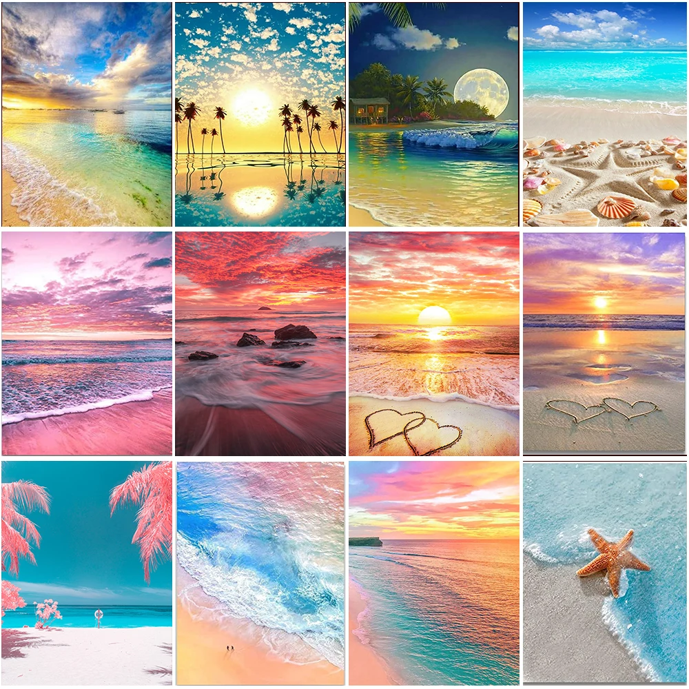 Beautiful Scenery Mosaic Painting Diamond Art Cross Stitch Kit Sea Beach Sunset Coconut Tree DIY Rhinestone Embroidery Deco