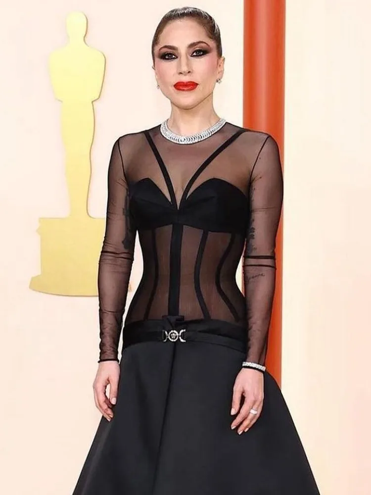 

2023 Women's A-line Perspective Mesh Round Neck Long Sleeve Belt Sexy Mini Bandage Dress Elegant Celebrity Party Dress