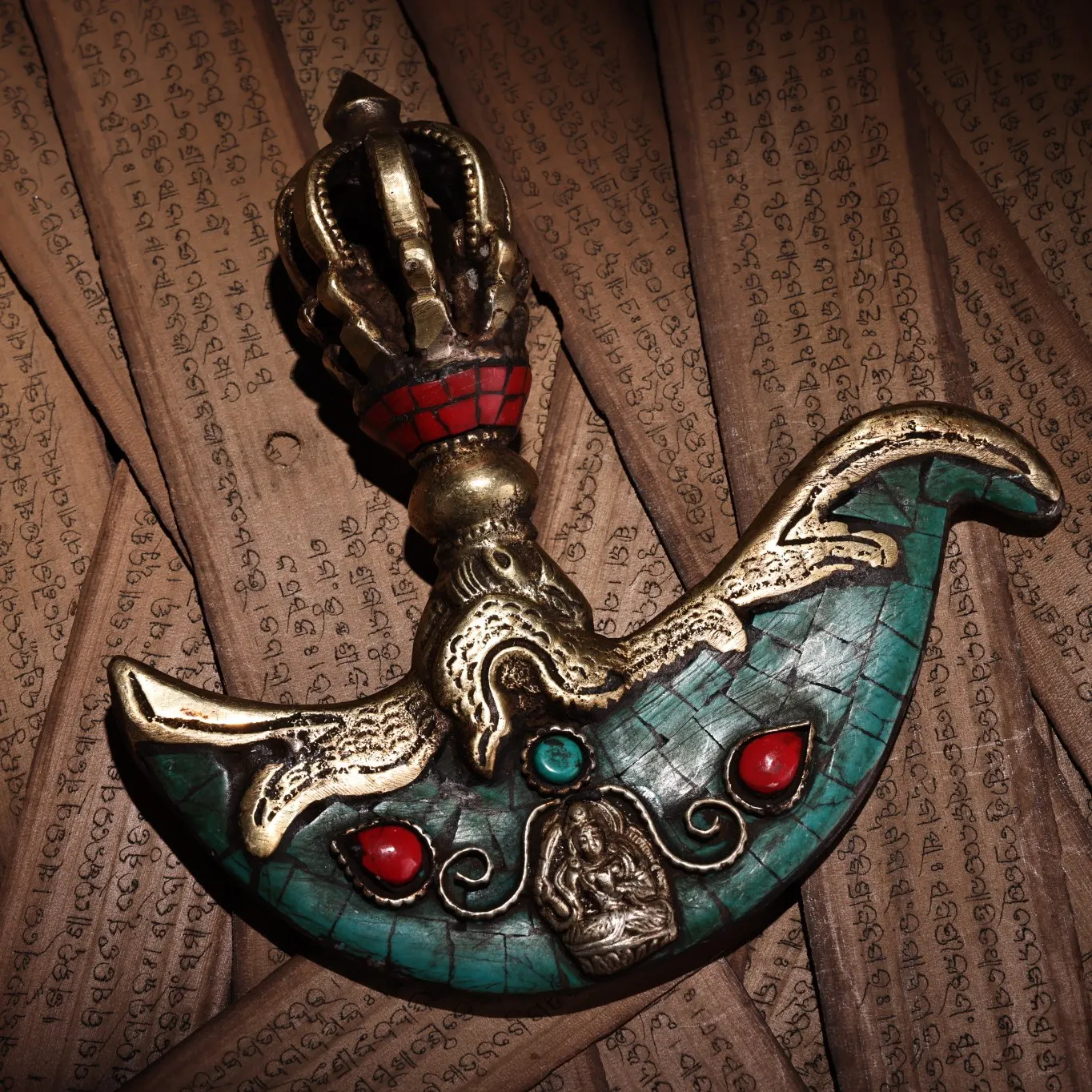 

5"Tibetan Temple Collection Old Bronze Mosaic Gem Turquoise Dorje Vajra Phurpa Amulet Dharma Town house Exorcism