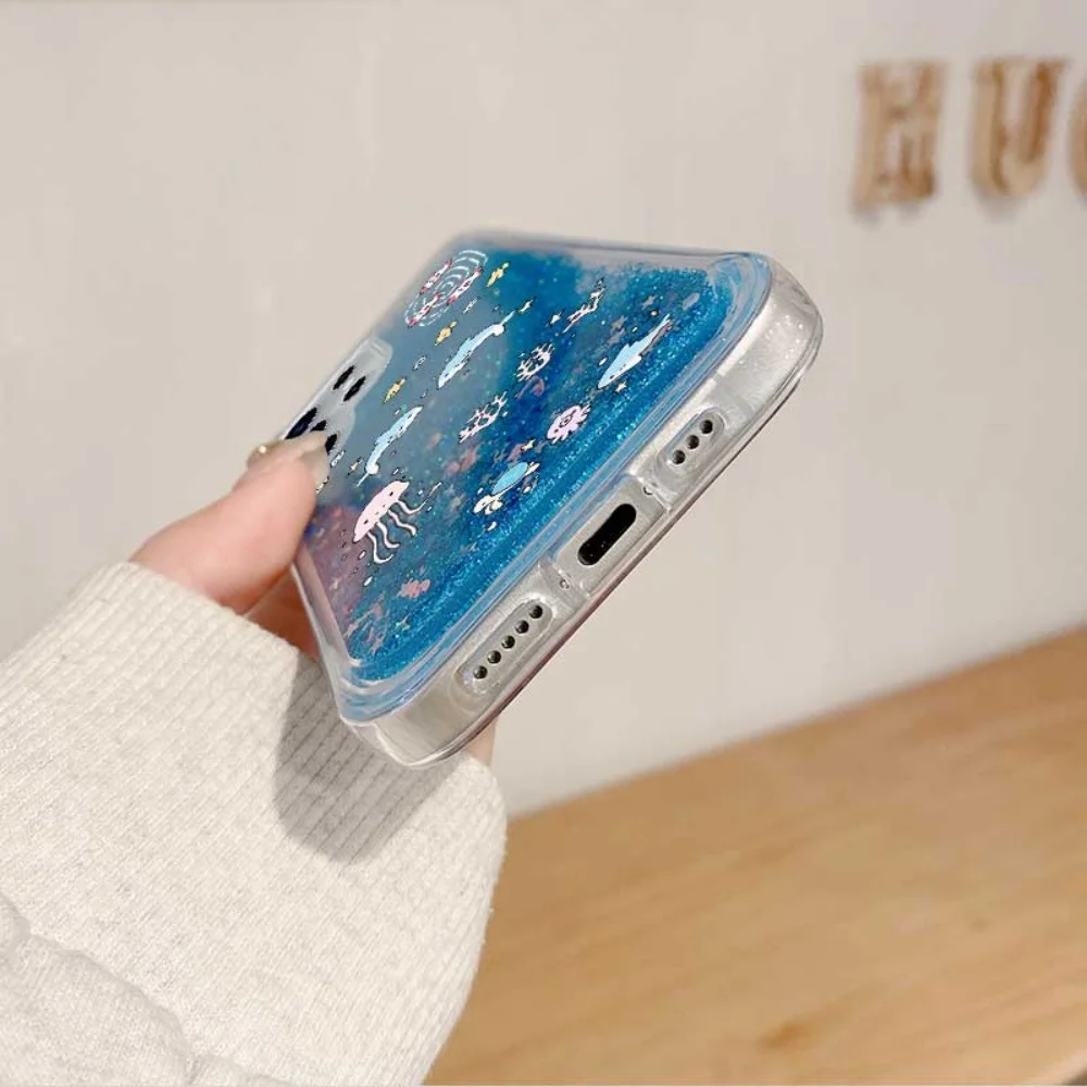 Luxury Silicone Liquid Glitter Phone Case with Blue Quicksand and Clear Bumper