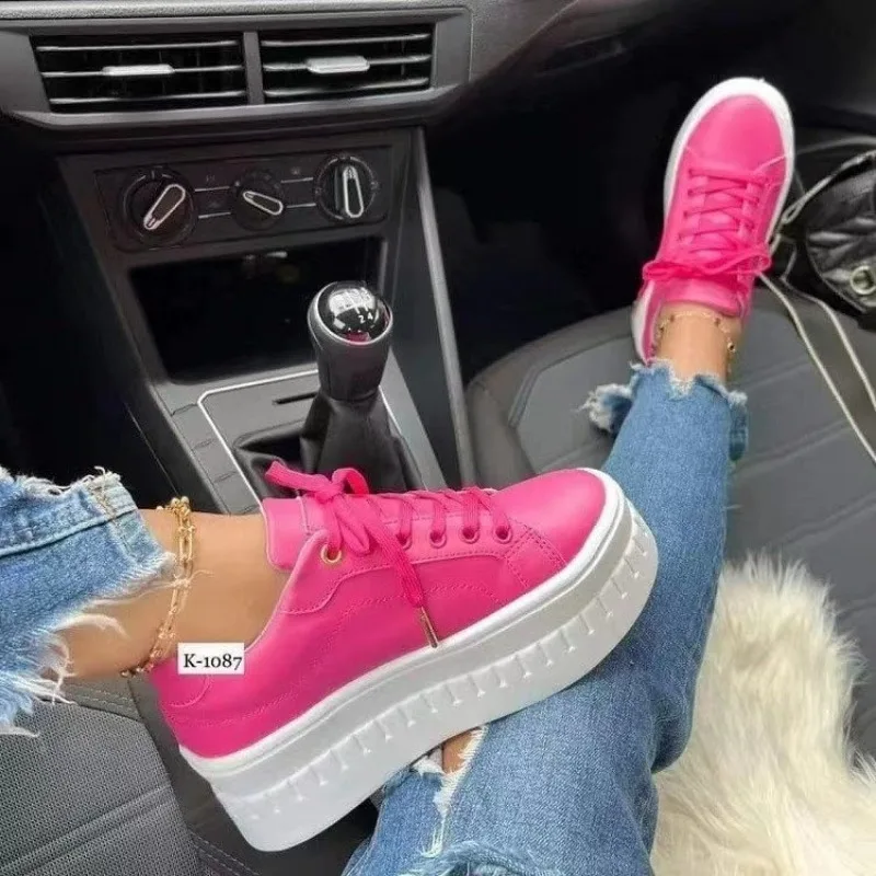 2024 Women Sneakers Solid Color Pu White Shoes Skateboard Height Increased Platform Vulcanized Casual Winter Lady Lace-Up Flats 4