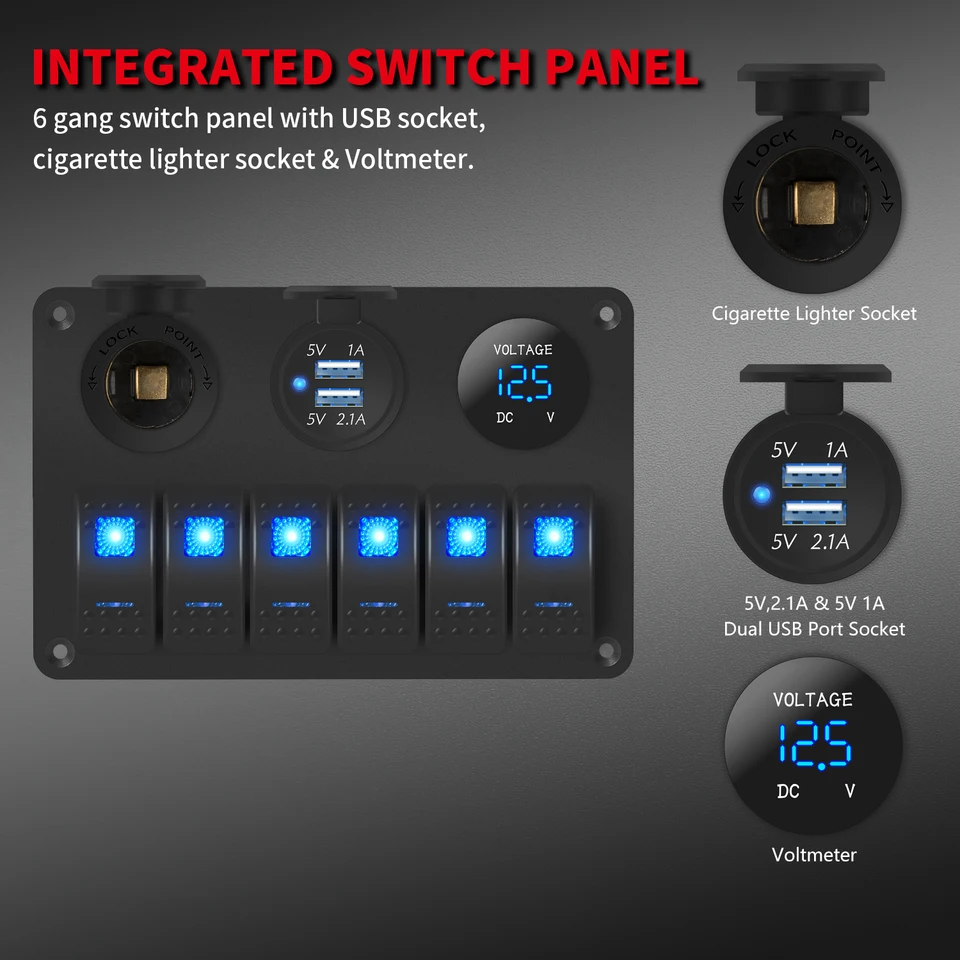 6 Gang Waterproof Marine Switch Panel With USB Charger & Voltmeter - 12V/24V, Aluminum, For Boat, RV, Truck, Off-Road