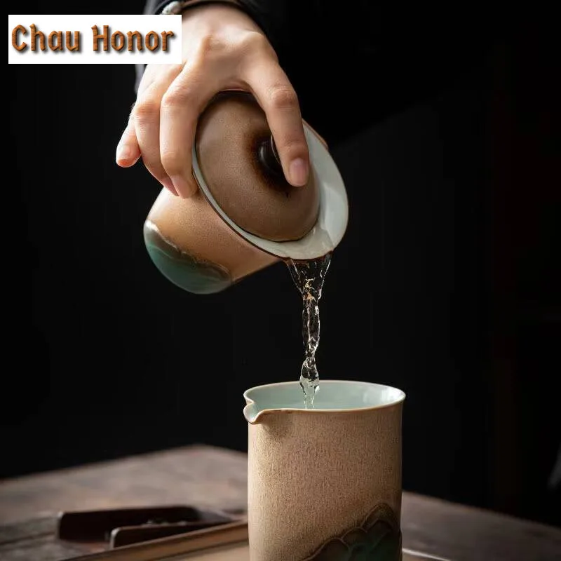 130ml Retro Distant Hills Coarse Pottery Gaiwan Japanese Tea Tureen Tea Bowl with Lid Kit Tea Maker Cover Bowl Teaset Ornaments