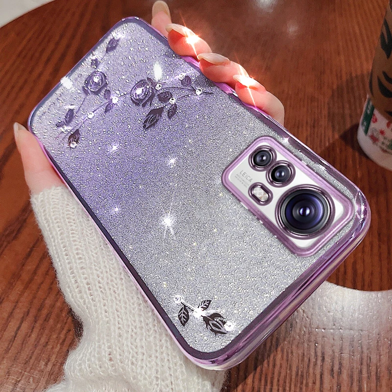 Luxury Bling Glitter Rose Flower Case For Xiaomi Redmi K60 Pro K60E Mi 12 12S Ultra 13 Pro K40 K50 Pro Plating Soft Back Cover_voghion.com