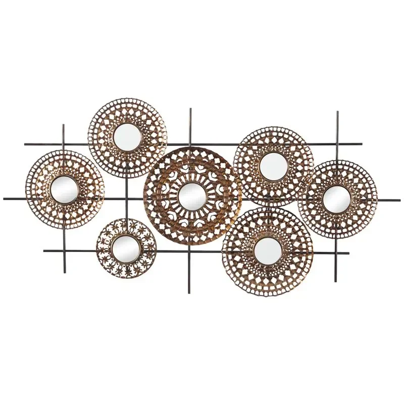 

Brown Metal Plate Wall Decor with Round Mirrored Accents For Home Wall Decoration