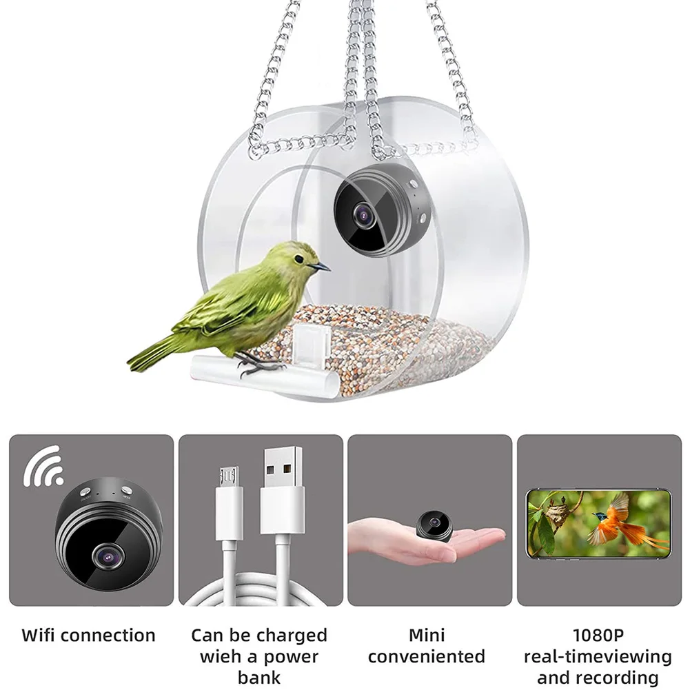 Yard, Garden Bird House Multifunctional Bird Feeder With Camera Wifi Transparent Visible Birdcage 1080HD Night Version Camera