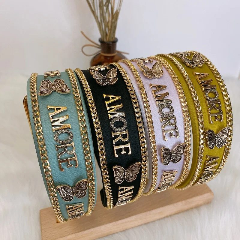 

European and American Letters Wide Headband Vintage Chain Rhinestone-Encrusted Metal Small Butterfly Hair Accessories